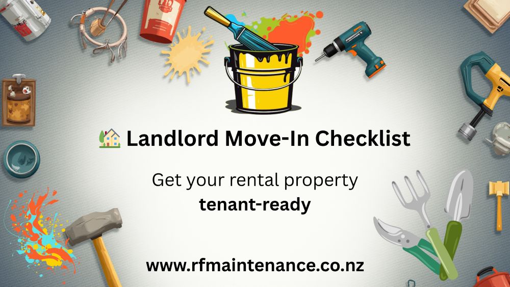 Landlord move in checklist banner with lots of different tools on the background